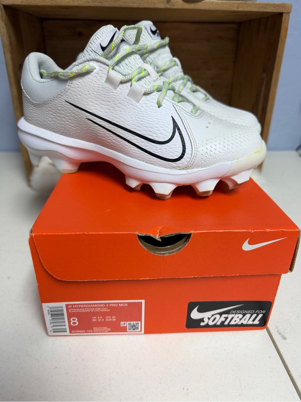 Nike White and Black Softball Cleats with Lime Accents
